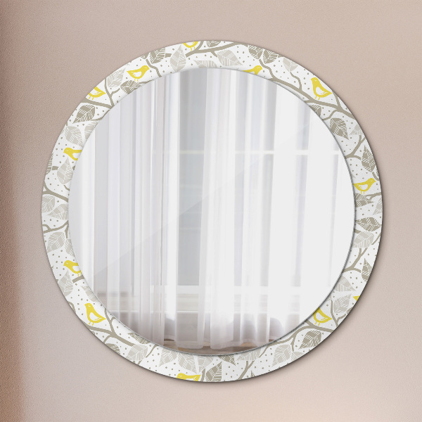 Round wall mirror decor Yellow birds on branches