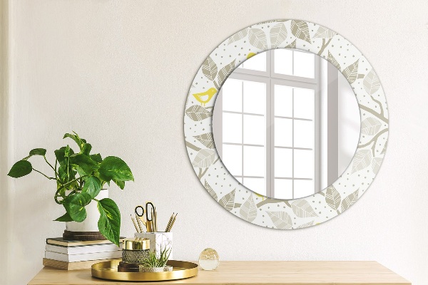Round wall mirror decor Yellow birds on branches