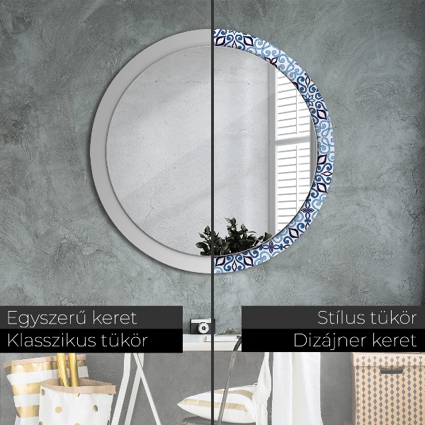 Round mirror frame with print Blue arabic pattern