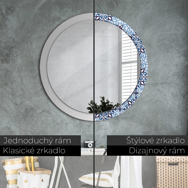 Round mirror frame with print Blue arabic pattern