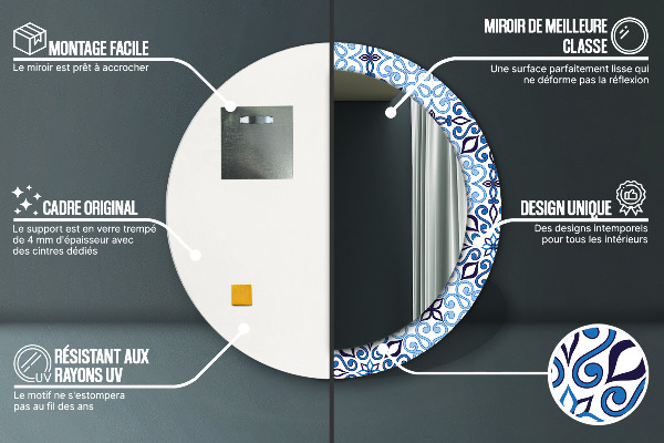 Round mirror frame with print Blue arabic pattern