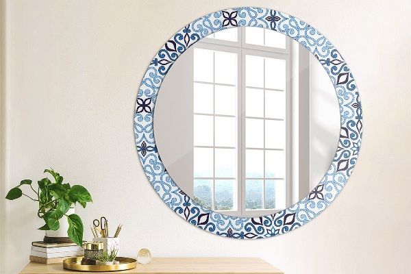 Round mirror frame with print Blue arabic pattern