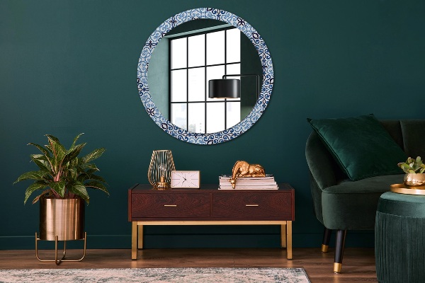 Round mirror frame with print Blue arabic pattern