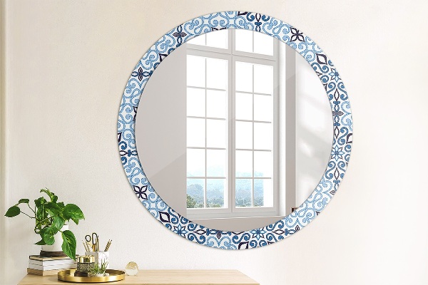 Round mirror frame with print Blue arabic pattern
