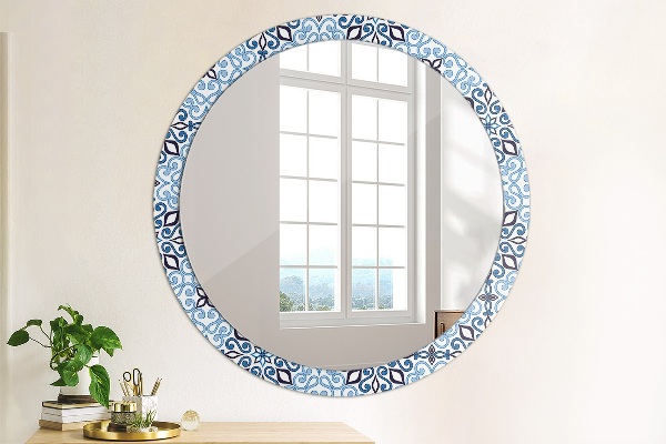 Round mirror frame with print Blue arabic pattern