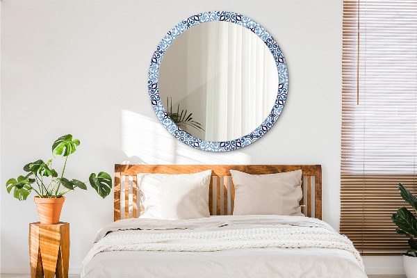 Round mirror frame with print Blue arabic pattern