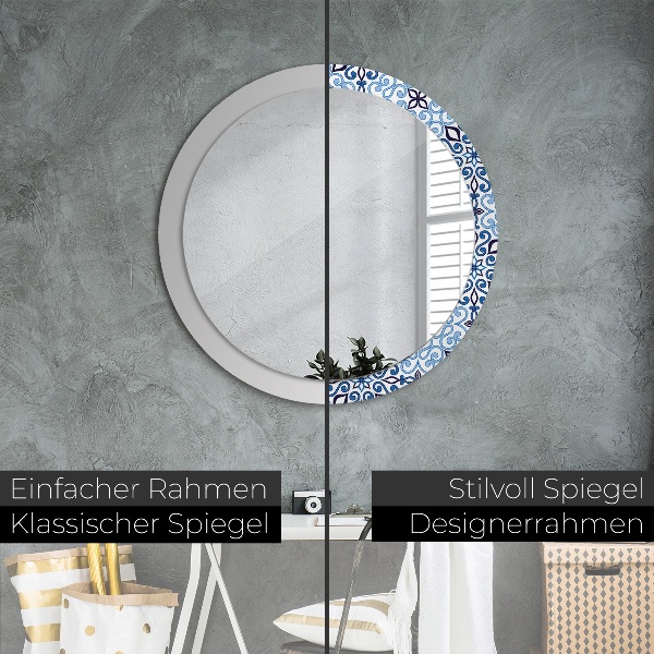 Round mirror frame with print Blue arabic pattern