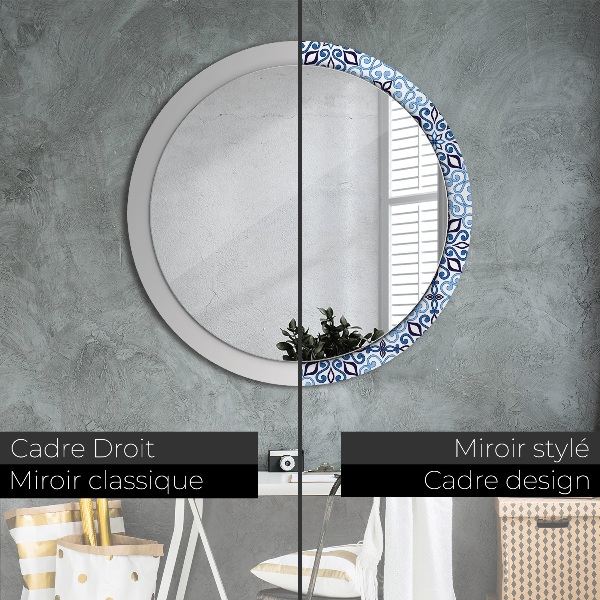 Round mirror frame with print Blue arabic pattern