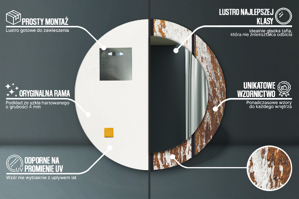 Round printed mirror Vintage dark wood