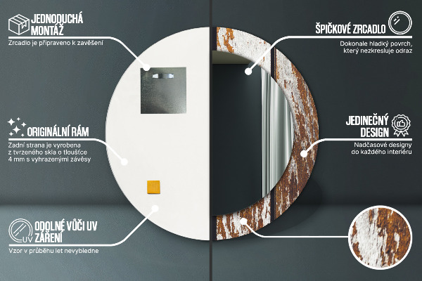 Round printed mirror Vintage dark wood