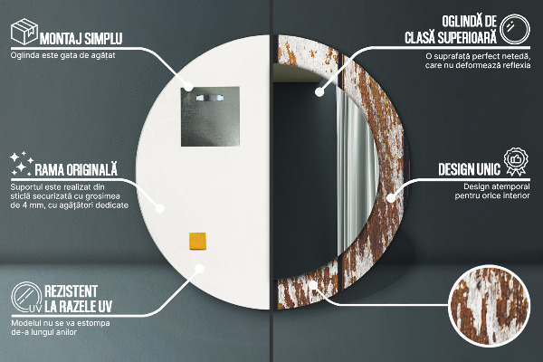 Round printed mirror Vintage dark wood