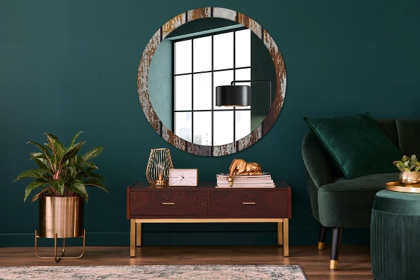 Round printed mirror Vintage dark wood