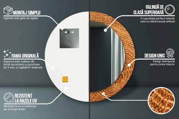 Round mirror frame with print Oak wood