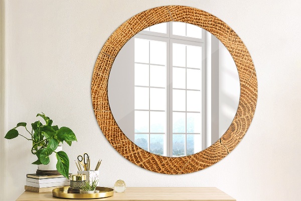 Round mirror frame with print Oak wood