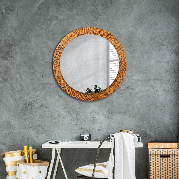 Round mirror frame with print Oak wood