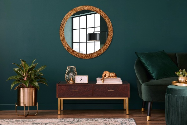 Round mirror frame with print Oak wood