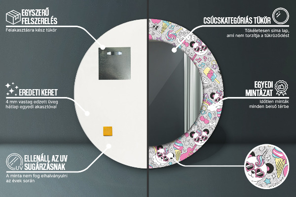 Round wall mirror decor Panda unicorn