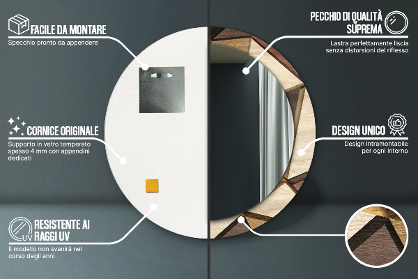 Round printed mirror Geometric 3d wood