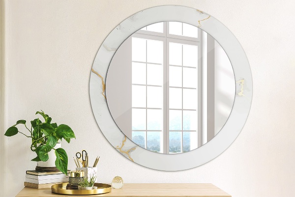 Round printed mirror White golden marble