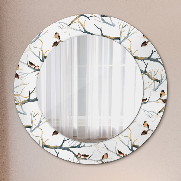 Round mirror frame with print Sparrows birds branches