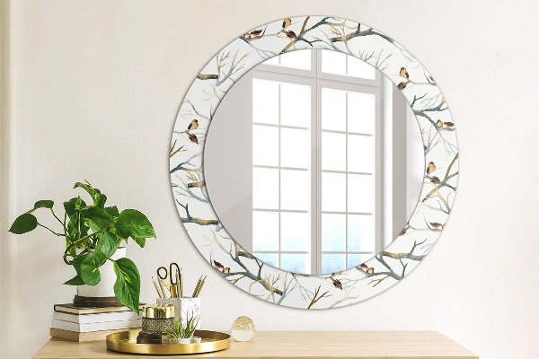 Round mirror frame with print Sparrows birds branches