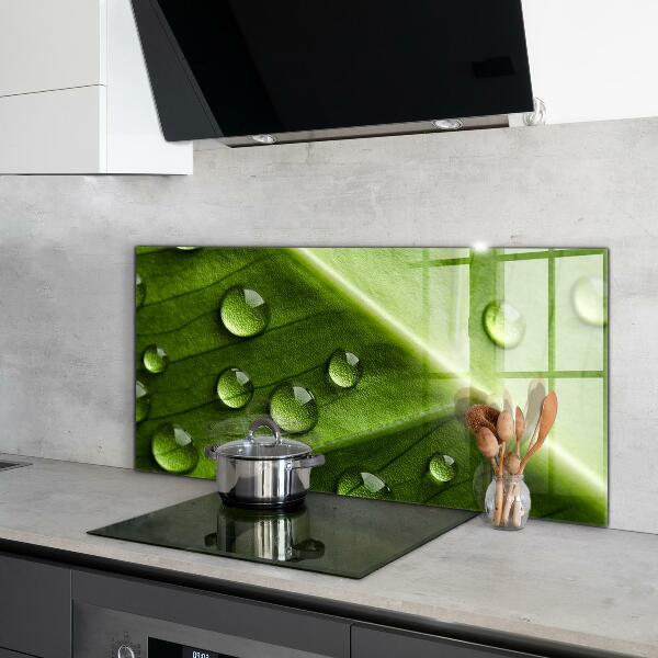 Kitchen wall panels Leaf with drops of morning dew