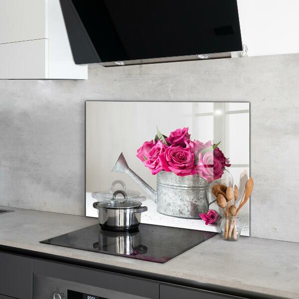 Kitchen wall panels Watering can with a bouquet of roses