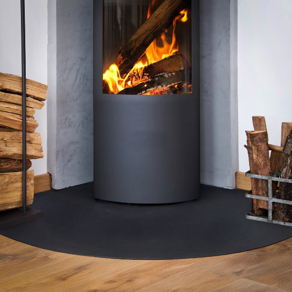 Quarter-circle black steel fireplace hearth pad 39x39 in (100x100 cm)