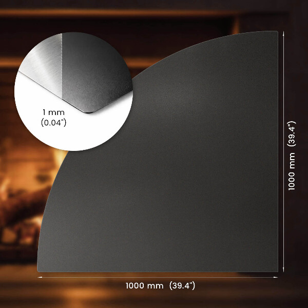 Quarter-circle black steel fireplace hearth pad 39x39 in (100x100 cm)