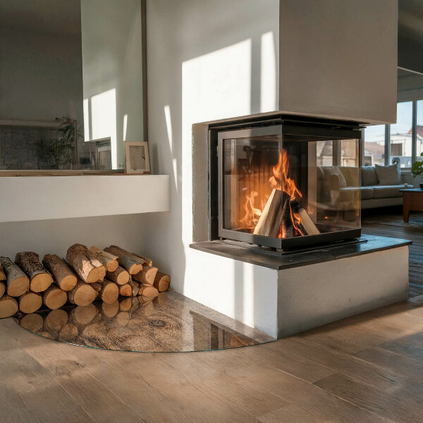 Quarter-circle tempered glass hearth Natural wood pattern