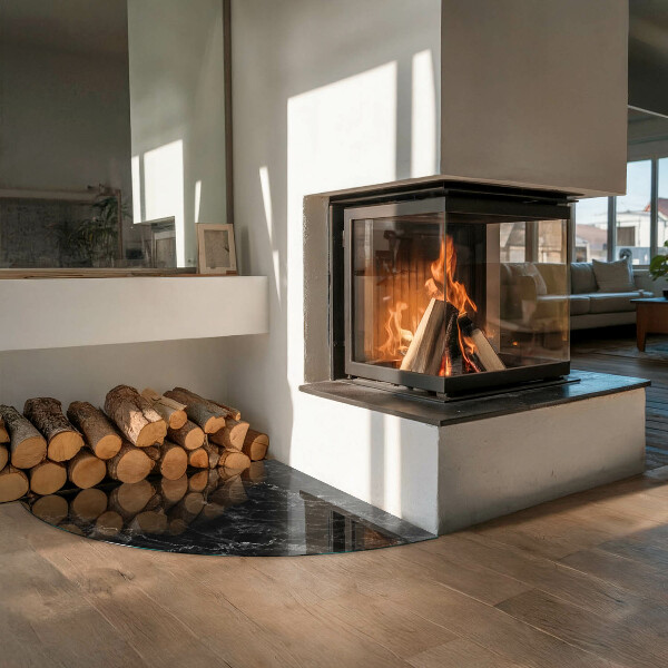 Quarter-circle tempered glass hearth Elegant marble pattern