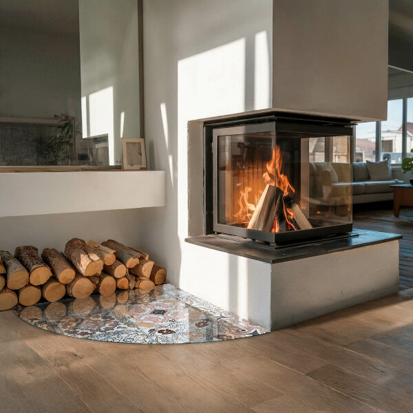 Quarter-circle glass hearth plate Mosaic patterns in tiles