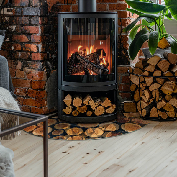 Quarter-circle glass hearth plate Box with cut wood