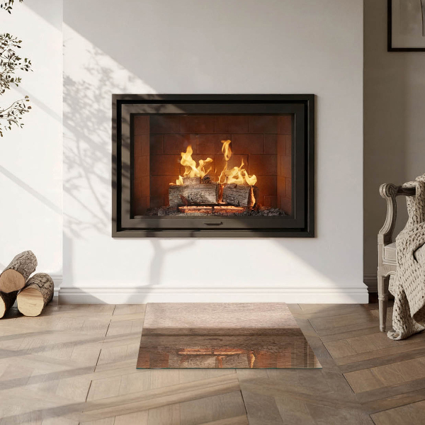 Square glass hearth for wood stove Natural wood pattern