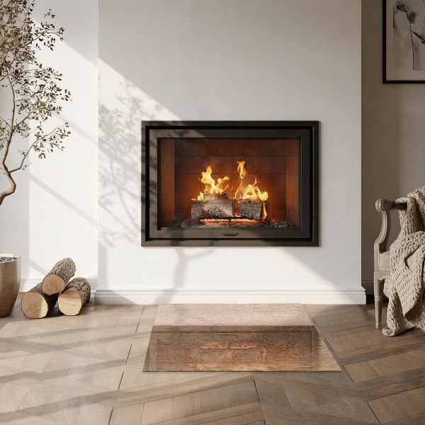 Square glass hearth for wood stove Natural wood pattern