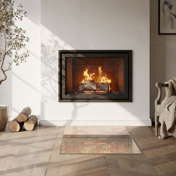 Square glass hearth for wood stove Natural stone texture
