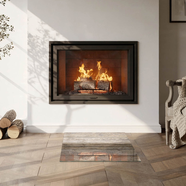 Square glass hearth Wooden board in the layout