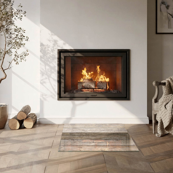 Square glass hearth for log burner Texture of wooden boards
