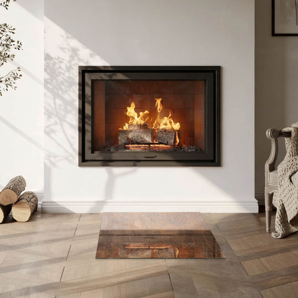 Square glass hearth for log burner Rust texture on metal