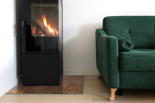 Square glass hearth for log burner Rust texture on metal