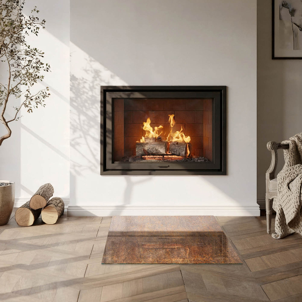 Square glass hearth for log burner Rust texture on metal