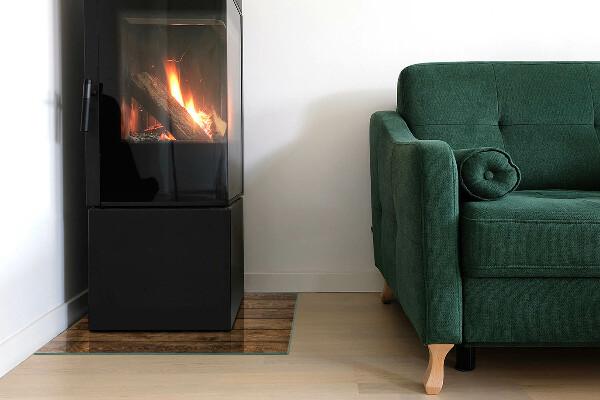 Square glass hearth for log burner Wooden board with grain