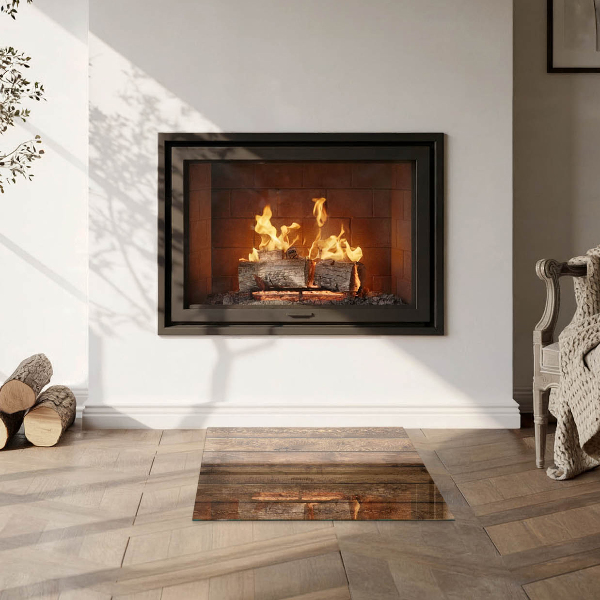 Square glass hearth for log burner Wooden board with grain