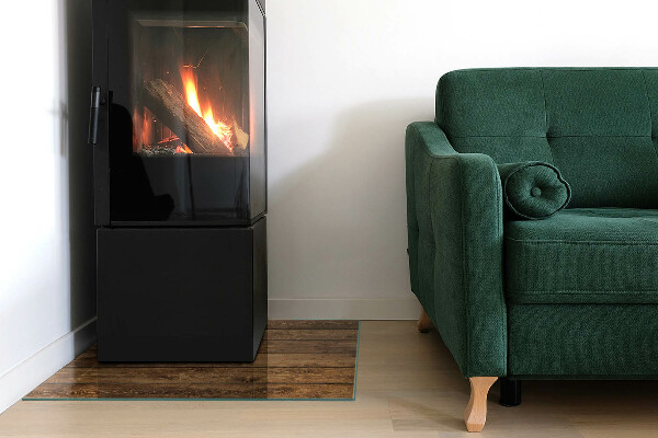 Square glass hearth for log burner Wooden board with grain