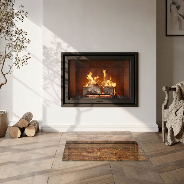 Square glass hearth for log burner Wooden board with grain