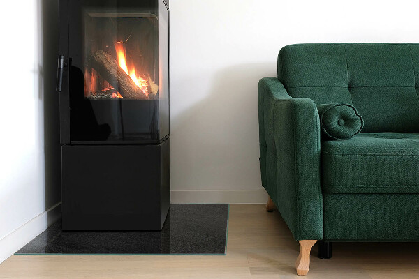 Square glass hearth for wood stove Stone surface texture