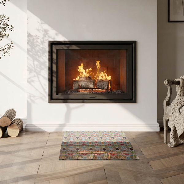Square glass hearth Polygonal patterns in a grid