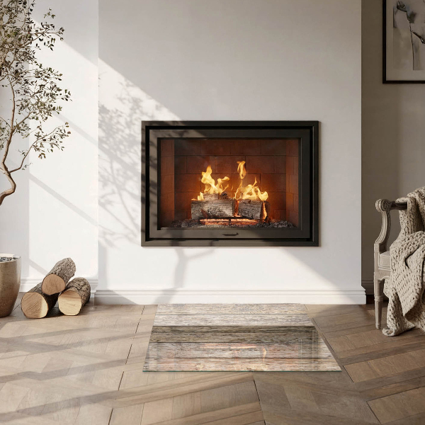 Square glass hearth for wood stove Natural wood boards
