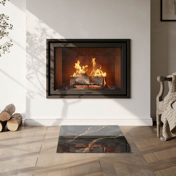 Square glass hearth for log burner Elegant marble with veins