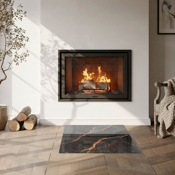 Square glass hearth for log burner Elegant marble with veins